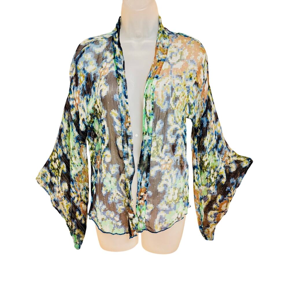 Free People Fleur De Lis blue sheer floral cardigan Kimono style duster sz Small - Picture 4 of 10